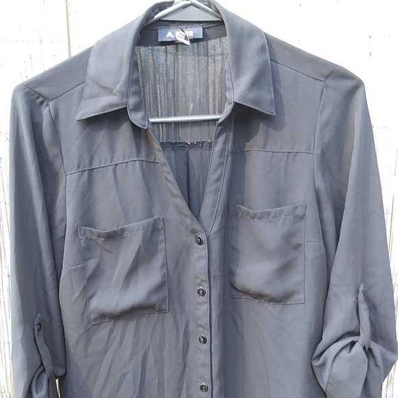 A. Byer Sheer Black Button Down V-Neck Blouse Top Shirt with Pockets- S - Picture 2 of 11